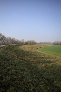 Bir tarafta çıplak ağaçlarla çevrili çamurlu bir set ve İtalya kırsalında güneşli bir günde yamaçlarda uzanan eğimli bir arazi.