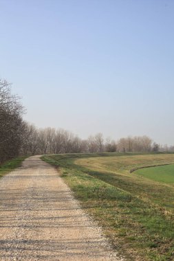 Bir tarafta çıplak ağaçlarla çevrili çamurlu bir set ve İtalya kırsalında güneşli bir günde yamaçlarda uzanan eğimli bir arazi.