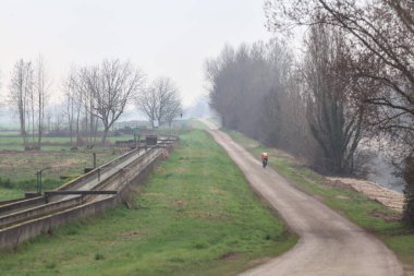 Bir sulama kanalının ve bir sıra ağacın yanındaki patikada, İtalya 'nın kırsal kesimlerinde bulutlu bir günde, uzaklardan geçen bir bisikletli var.