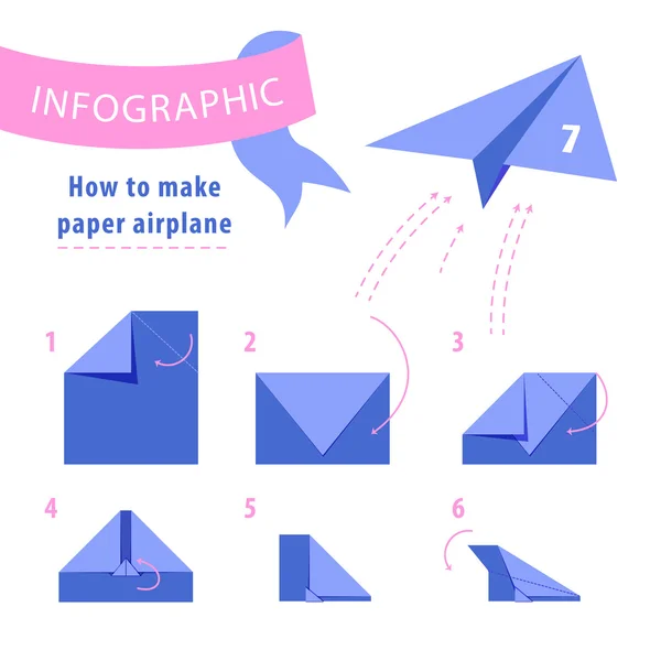 Infografik. Anweisungen zum Bau von Papierflugzeugen. blau und rosa. Vektorillustration — Stockvektor