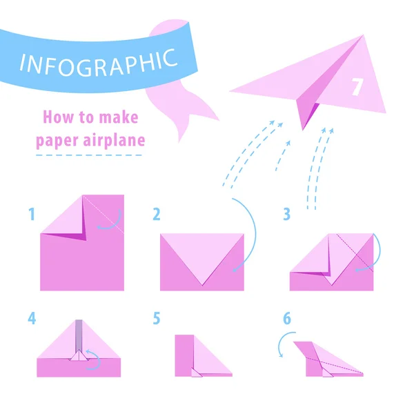 Infographic. Pokyny k papírové letadlo. Růžová a modrá. Vektorové ilustrace — Stockový vektor