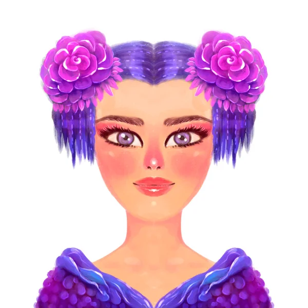 Illustration Portrait Dessiné Main Une Fille Aux Cheveux Bleus Violets — Photo