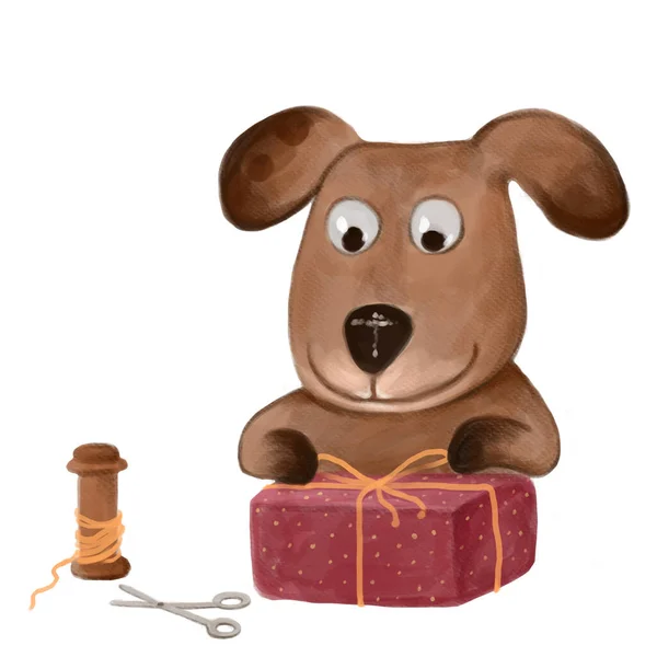 Ręcznie Rysowane Ładny Pies Kreskówki Zawijając Prezent Wiązanie Wstążki Pudełku — Zdjęcie stockowe