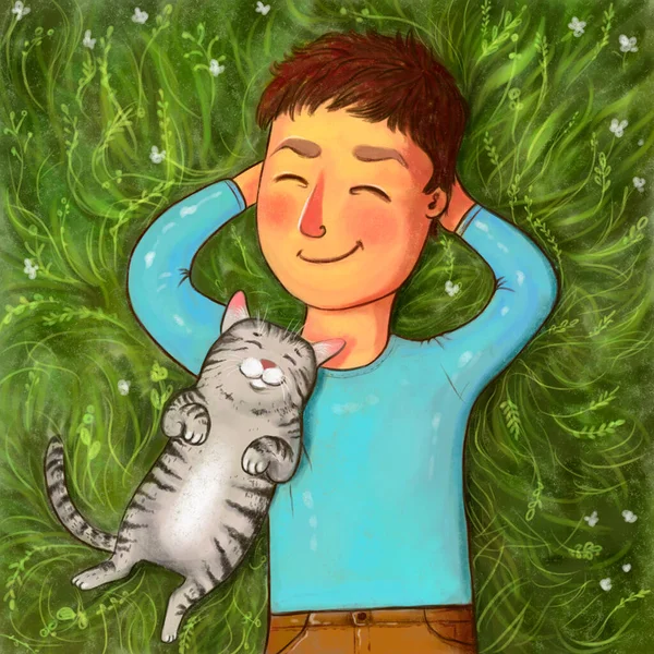 Illustration Chat Homme Allongés Sur Herbe Avec Des Sourires Repos — Photo