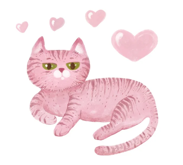 Ilustrasi Lucu Pink Bergaris Garis Kucing Kartun Dengan Hati Sekelilingnya — Stok Foto