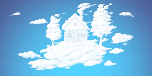구름으로 만들어 구름과 지형의 나무들로 이루어진 오두막의 하늘을 하늘의 가상의 — 스톡 사진