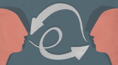 Çizim. İki kişi ve aralarında iletişim var. İşbirliği, bilgi aktarımı, iletişim, eğitim. Bilgi ve deneyimi paylaşmak