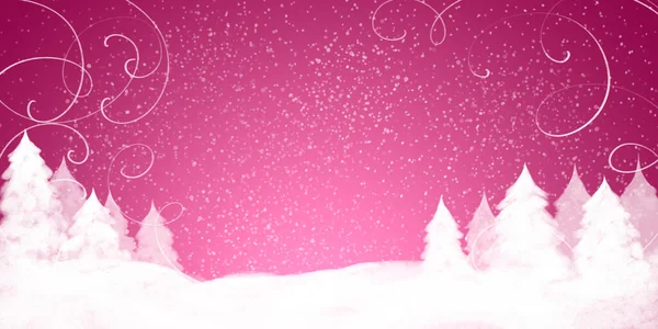 Zimní Růžový Prapor Sněhem Kudrlinkami Kolem Okrajů Pozadí Zimním Lesem — Stock fotografie