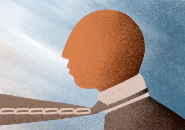 Bir adamın, işe bağlı bir iş adamının soyut çizimi. Para, iş krizi, yorgunluk, iş bağımlılığı, köleleştirme. Ofis çalışanı kravatı zincir gibi.