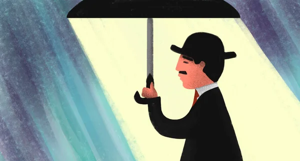Иллюстрация Силуэта Человека Шляпе Костюме Дождем Зонтиком Руке Метафора Безопасности — стоковое фото