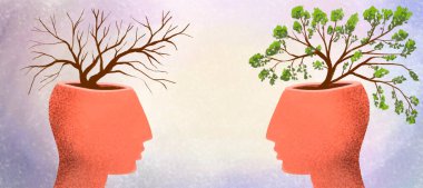 Kafasında ağaçlar büyüyen iki kişinin profili. Bilgisiz ve zeki, bilgili ve aptal, iyi ve kötü, pozitif ve negatif.