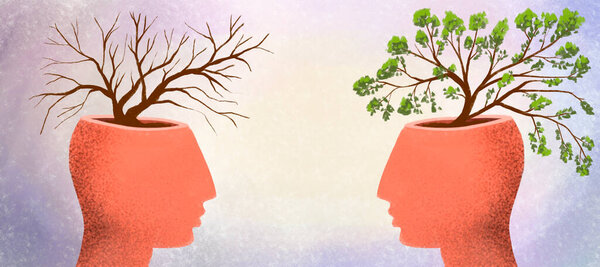 illustration of two profiles of people with trees growing from their heads. Clueless and smart, knowledgeable and stupid, good and evil, positive and negative.