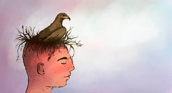 Иллюстрация Профиля Человека Гнездом Птицей Голове Состояние Созерцания Гармония Сосредоточенность — стоковое фото