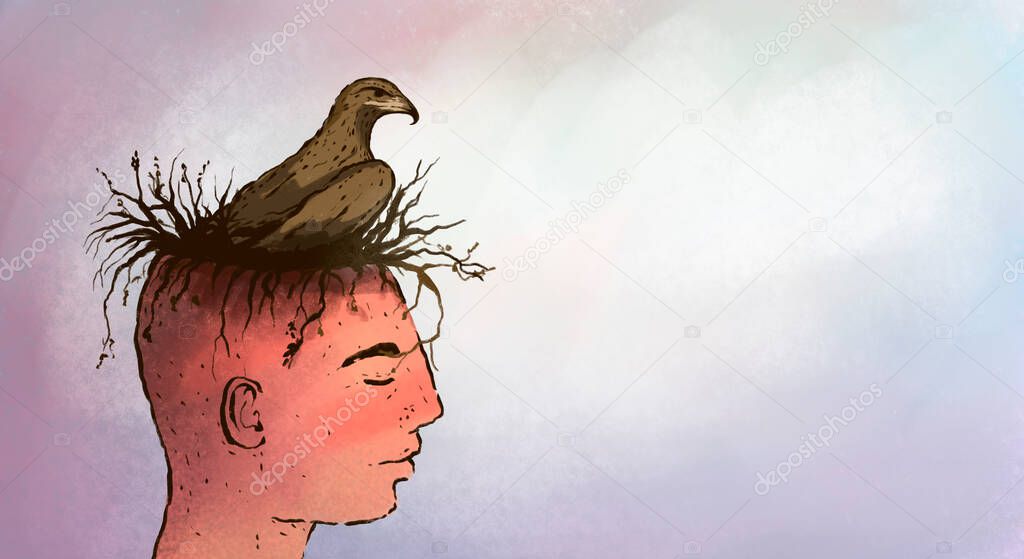illustration of a profile of a man with a nest and a bird in his head. The state of contemplation, harmony, focus on the goal, silence. Metaphor.