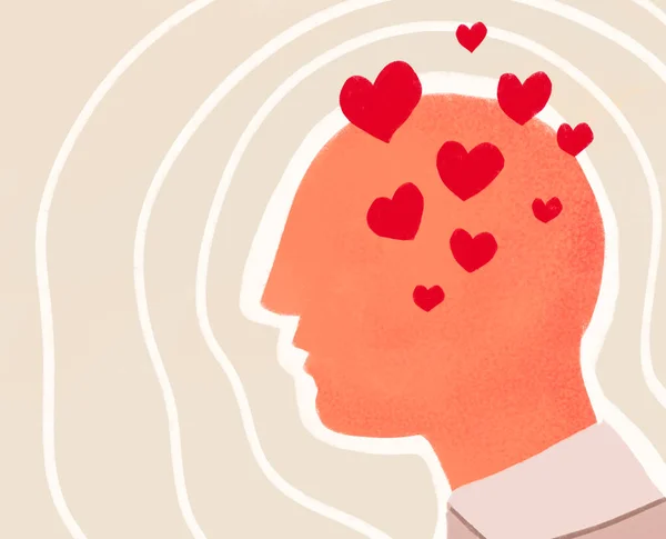 illustration of an abstract man, profile with hearts in his head. love concept