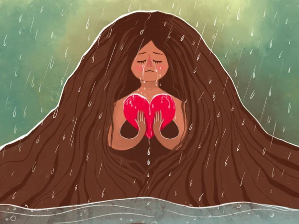 涙の少女のイラストと不幸な心 愛の苦しみ 関係の破綻 泣きの象徴としての雨 — ストック写真