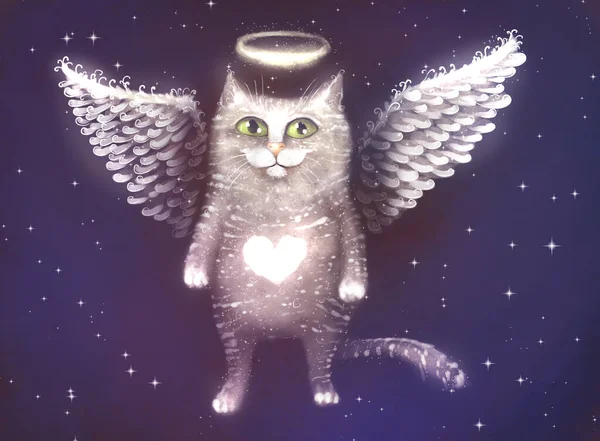 星空を背景に翼を持つ天使猫のイラスト — ストック写真
