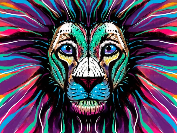 Illustratie Van Een Gekleurd Leeuwenportret Veelkleurig Met Een Veelkleurige Manen — Stockfoto
