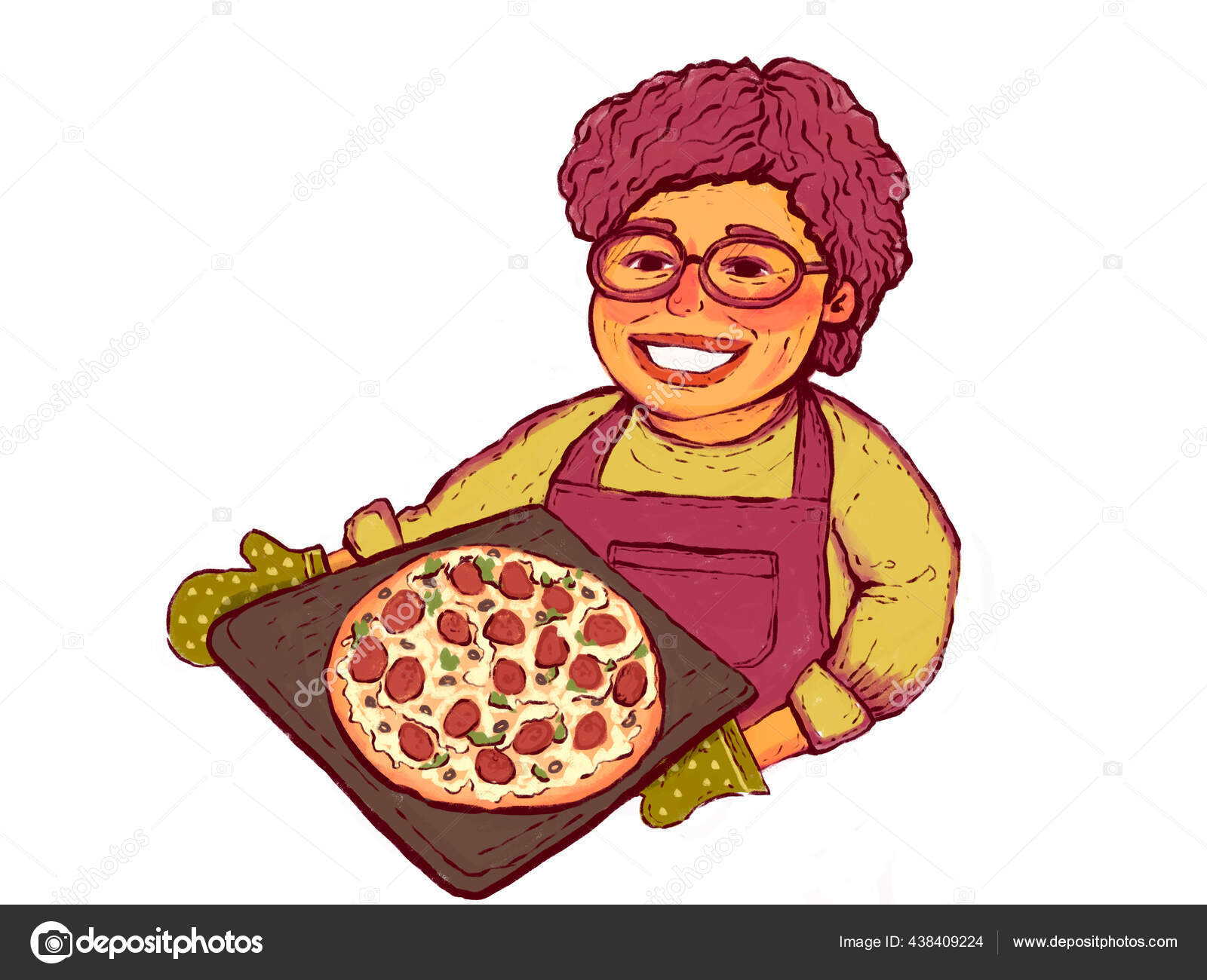 Ilustrasi Seorang Nenek Atau Ibu Yang Memanggang Pizza Buatan Sendiri Stok Foto Luboffke 438409224