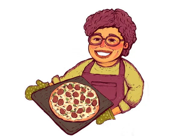 一个奶奶或妈妈烘焙自制披萨的例子 有意大利腊肠和橄榄披萨烤盘的快乐女人 — 图库照片