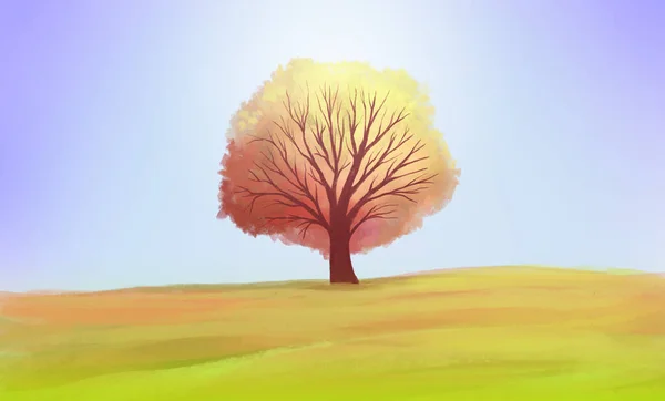 Ilustracja Samotnego Żółtego Drzewa Pomarańczowego Stojącego Polu Przeciw Błękitnemu Niebu — Zdjęcie stockowe
