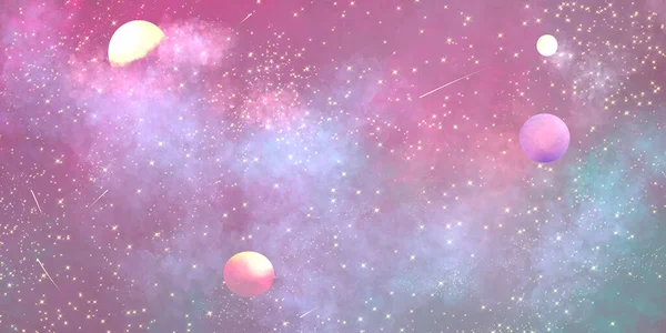 Space Cute Drawn Background Many Stars Planets Space Pink Light — Stock Photo, Image