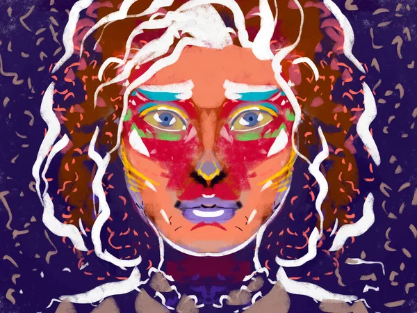 Illustration Portrait Multicolore Lumineux Abstrait Femme Regardant Droit — Photo