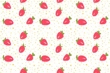 Kırmızı çilek ve sarı puantiyeli kusursuz bir arka plan. Tatlı bahar, hafif vitamin arkaplanı