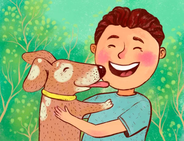 Kärlek Till Ett Husdjur Pojke Med Hund Som Slickar Tungan — Stockfoto