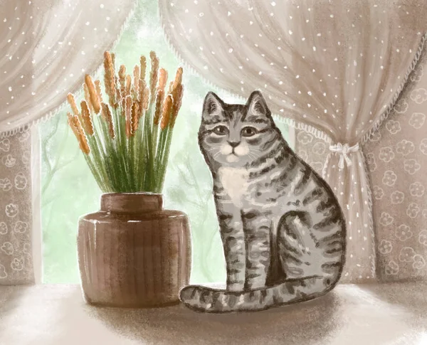 Ζωγραφισμένη Γκρι Χαριτωμένη Γάτα Καρτούν Κάθεται Ένα Περβάζι Δίπλα Ένα — Φωτογραφία Αρχείου