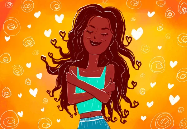 Selbstliebe Zeichnung Eines Mädchens Das Sich Den Schultern Umarmt Mit — Stockfoto
