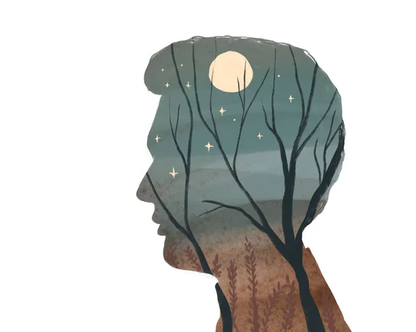 Силуэт Одинокого Человека Ночным Пейзажем Заднем Плане Лунное Небо Деревья — стоковое фото