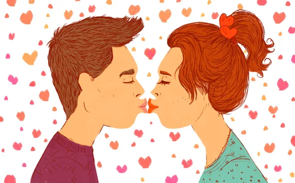 Cartoon Illustration Couple Young Girl Guy Kiss First Love First — Stock Photo, Image