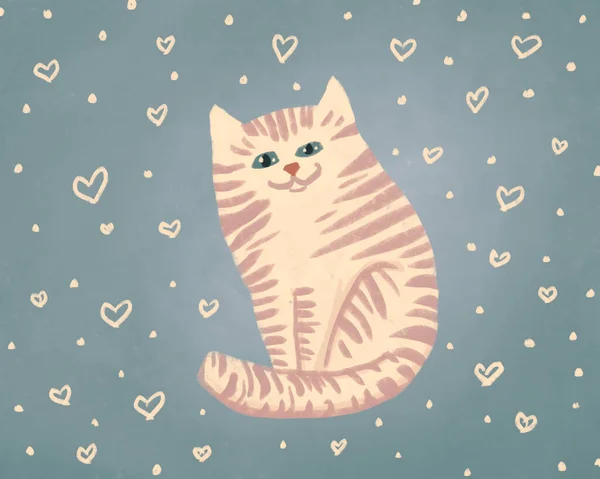 Ilustrace Roztomilé Světlé Tupé Kočky Koťátko Modrém Pozadí Mnoha Srdci — Stock fotografie
