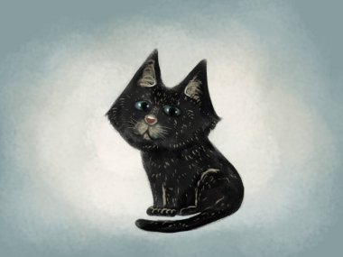 Mavi arka planda oturan ve kameraya bakan sevimli bir siyah el çizimi.