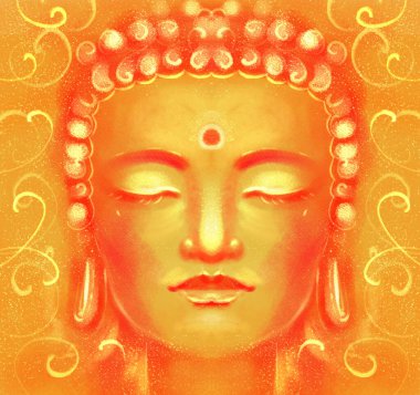 Buda 'nın portresinin çizimi. Aydınlanmanın bir resmi, Budizmin dindarlığı, turuncu sarı altın tonlarda.