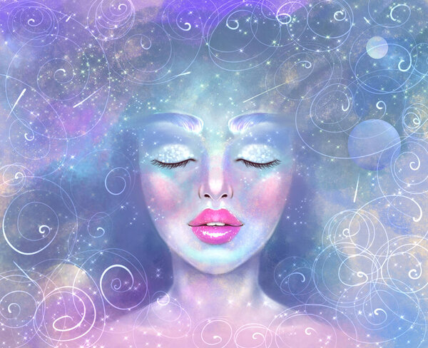 illustration of a portrait of a girl with closed eyes against the background of the starry sky, the universe. Symbol of enlightenment, psychological mental health, sleep, religiosity and spirituality