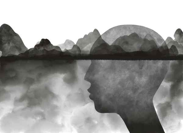 Illustration Profile Man Background Abstract Mountains Monochrome Concept Art Drawing — Stock Photo, Image