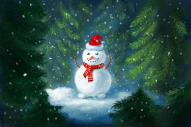 Kar yağışı sırasında ormandaki bir kardan adamın resmi. Sihirli parlak Noel kış çizimi. Kozalaklı orman, kar yağışı