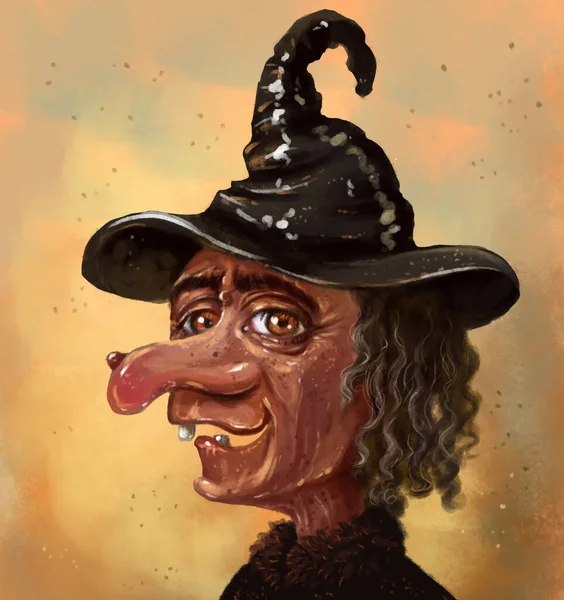 illustration of a portrait of an ugly old witch laughing with a toothless mouth. An old woman in a black witch\'s hat, with a large nose and a wart on it