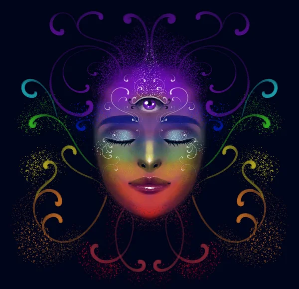 Illustration Portrait Girl Dark Background Third Eye Meditation State Harmony — Stock Photo, Image