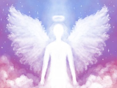 Melek, Tanrım, gökyüzünün ve bulutların arka planında kanatları olan ruh. Kanatlarıyla parlayan beyaz figür