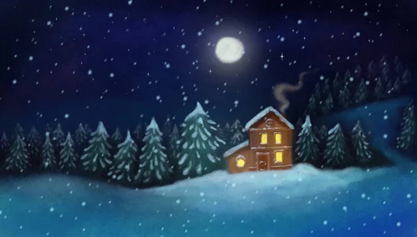 多くの針葉樹林と冬の手描きの森林夜の風景 満月と立って小さな家 — ストック写真