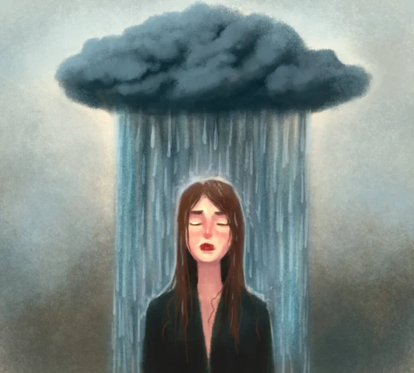 illustration of a sad unhappy girl standing under a big dark cloud and rain. Metaphor of depression, grief, psychological problems, fatigue