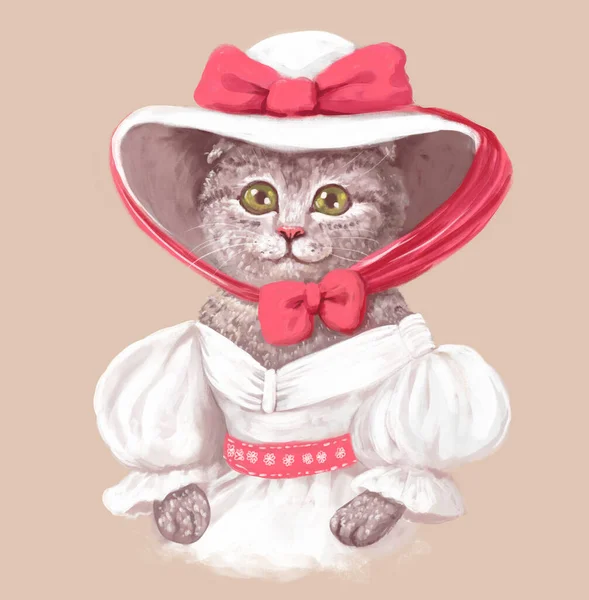 Drawn Cat Dress Hat Portrait Style 19Th Century Retro Style — Stock Photo, Image