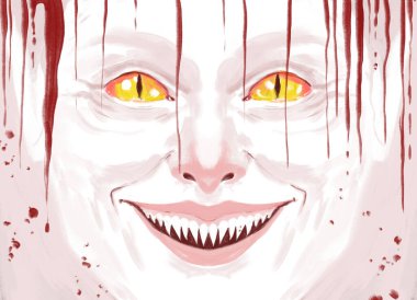 Yüzünde gülümseme olan korkunç bir yaratığın el çizimi portresi. Sivri dişleri ve sarı gözleri olan vampir iblis.