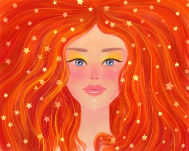 Kızıl saçlı güzel bir kızın çizimi, gür kızıl saçlı. Portre, güzel bir yüz. Resim çizimi