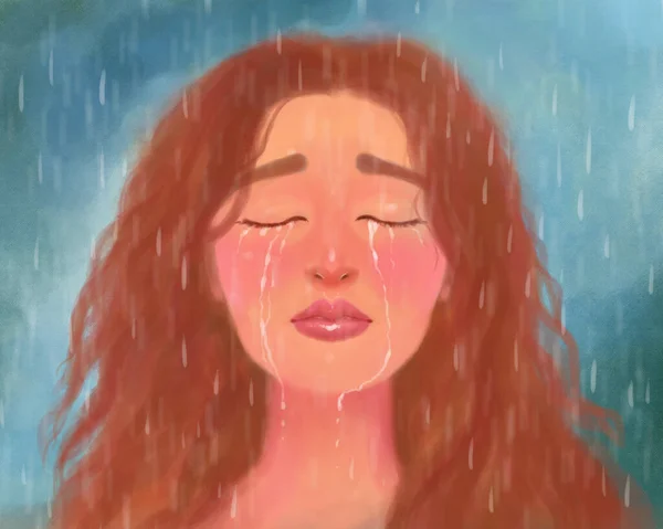 Художественный Портрет Девушки Плачущей Страдающей Закрытыми Глазами Дождем Эмоциональный Стресс — стоковое фото