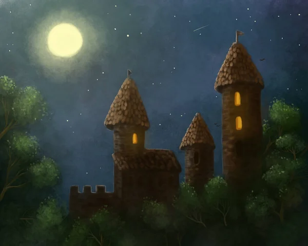 Illustration Ancient Castle Standing Light Moon Night Castle Yellow Light — Stock Photo, Image