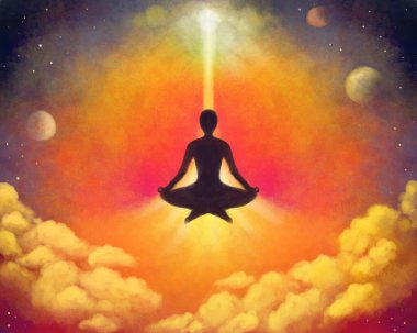 Ruhsal uyanış, farkındalık, psikolojik iyileşme. Nilüfer pozisyonundaki bir adamın silüeti, parlak kozmik ışığın arka planına karşı meditasyon yaparken.